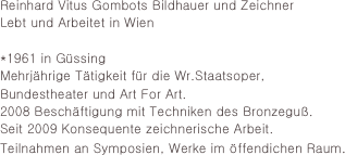 Reinhard Vitus Gombots Bildhauer und Zeichner
Lebt und Arbeitet in Wien

*1961 in Güssing 
Mehrjährige Tätigkeit für die Wr.Staatsoper,
Bundestheater und Art For Art.
2008 Beschäftigung mit Techniken des Bronzeguß.
Seit 2009 Konsequente zeichnerische Arbeit.
Teilnahmen an Symposien, Werke im öffendichen Raum.